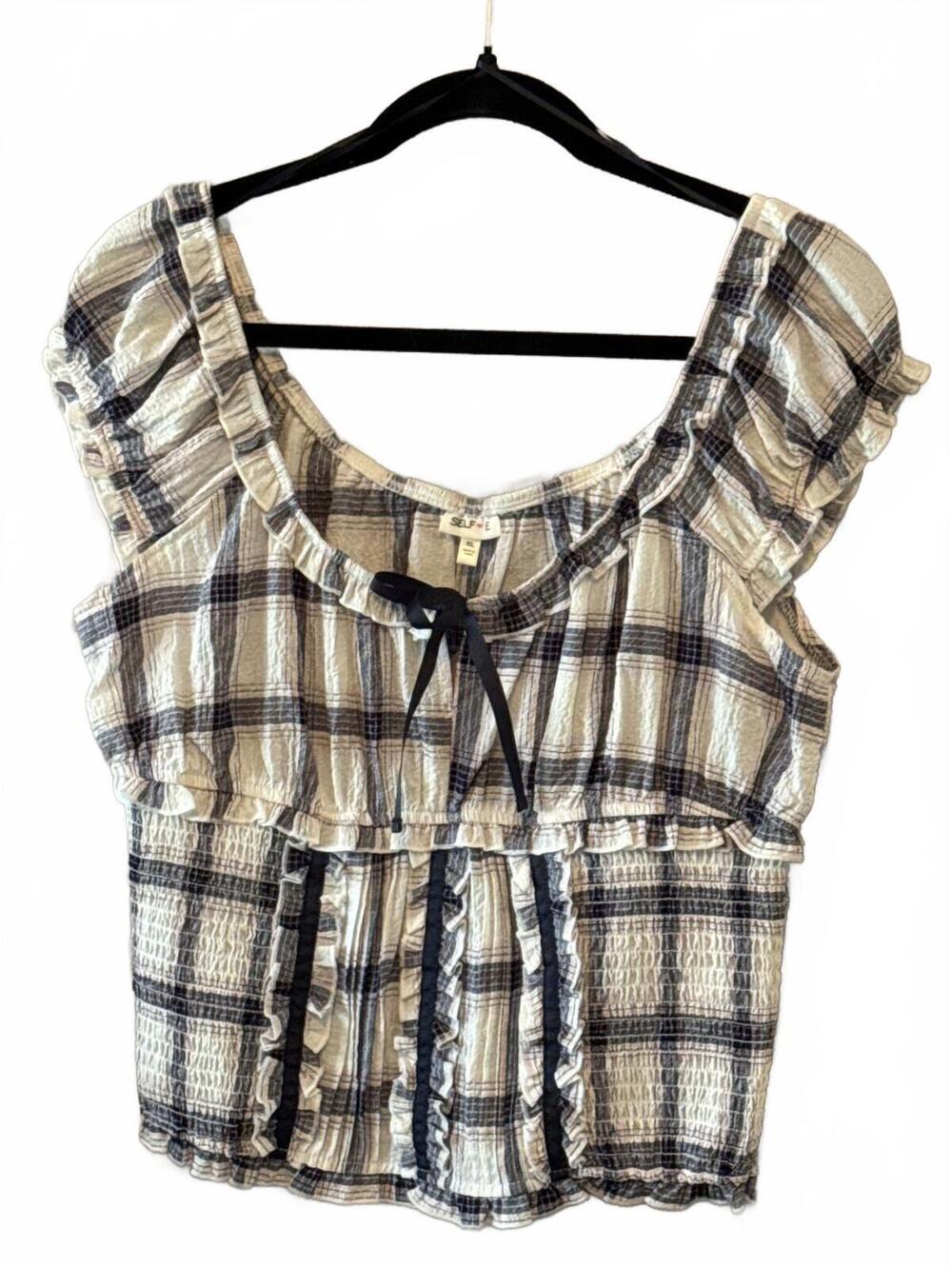 Self Esteem Women's XL Navy Blazer Style Plaid Top with Ruffles and Bow